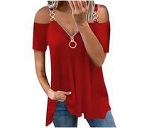 Cold Shoulder Tops for Women UK Clearance,Ladies Tunic Tops Longline Elegant Zip V Neck Henley Shirt Floaty Plain Summer Tee Loose Short Sleeve Blouses Going Out Floaty T Shirts