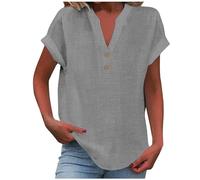 Cold Shoulder Tops for Women UK Cotton Linen Tees Summer Casual Solid T-Shirt Button V Neck Elegant Tunics Lounge Light Weight Baggy Plain Blouse Office Work Shirts Boho Holiday Grey