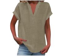 Cold Shoulder Tops for Women UK Cotton Linen Tees Summer Casual Solid T-Shirt Button V Neck Elegant Tunics Lounge Light Weight Baggy Plain Blouse Office Work Shirts Boho Holiday Dark Beige