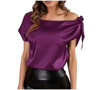 Cold Shoulder Tops for Women UK Elegant Satin Blouse Plain Summer T Shirts Casual Loose Lightweight Regular Tee Shirt Ladies Short Sleeve Business Office Work Top Purple