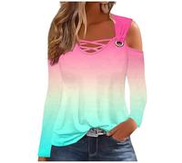 Cold Shoulder Tops Long Sleeve T-Shirts for Women UK Stylish Criss-Cross V-Neck Pullover Tshirts Ombre Tie Dye Casual Comfy Base Layer Tee Shirt Ladies Gradient Colour Blouse
