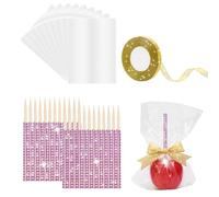 Coldairsoap Glitter Candy Apple Sticks and Bags, 24P Bling Sticks with 30p Candy Bags & 1 Roll 25yd Glitter Ribbon, Caramel Apple Wooden Bling Pointed Skewers for Wedding DIY Kits