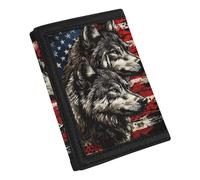 Coldinair Trifold Boys Wallet for Kids 9-12 Canvas Wallet Coin Bag Purse Handbag for Boy for Kids 6-8 9-12 8-10 Novelty Wallet, Wolf USA Flag, One Size