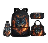 Coldinair Wolf Kids Bookbag for Boys 8-10 4 Pcs Kids School Backpack Set Lightweight 17 inch Kids Schoolbag Mochilas Escolares Para NiñOs Teen Boys Backpack with Lunch Box Water Bottle Bag