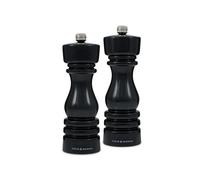 Cole & Mason London Black Gloss Salt and Pepper Mill Set, Precision+ Carbon/Ceramic Mechanisms, Salt and Pepper Grinders with Adjustable Grind, Beech Wood, 180mm, Gift Set