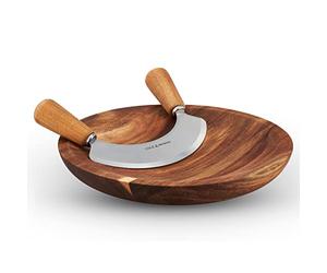 Cole & Mason Ashden Mezzaluna and Round Chopping Board Set Herb Chopper | Rocker Kitchen Knife Fresh Herb Cutter/Serving Board, Acacia Wood/Stainless Steel, Not Suitable for The Dishwasher