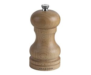 Cole & Mason Beech Capstan A4 Pepper Mill, 120mm, Adjustable Grind Precision+ Mechanism, Beech Wood, Single, Includes 1 x Pepper Grinder