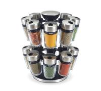 Cole & Mason H121808 Cambridge 16 Glass Spice Carousel, Rotating Spice Rack/Spice Oragniser/Spice Storage, Stainless Steel, Spice Jars with Labels, Includes Spices, Silver