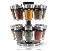 Cole & Mason H121808 Cambridge 16 Glass Spice Carousel, Rotating Spice Rack/Spice Oragniser/Spice Storage, Stainless Steel, Spice Jars with Labels, Includes Spices, Silver
