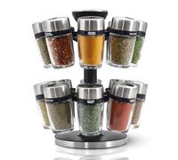 Cole & Mason H121808 Cambridge 16 Glass Spice Carousel, Rotating Spice Rack/Spice Oragniser/Spice Storage, Stainless Steel, Spice Jars with Labels, Includes Spices, Silver