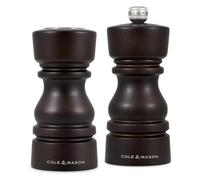 Cole & Mason London Salt and Pepper Shaker and Grinder Set 13cm Choc Wood | Salt Shaker for Ground Salt and Pepper Mill With Adjustable Grind and Ceramic Mechanism For Peppercorns Ideal For Seasoning