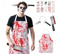 COLEESON Halloween Butcher Costume Set, Cooking Chef Apron Hat Weapon Knife Tattoo Stickers Zombie Party Accessories Decorations,Outfit for Scary Cosplay, Horror Party, Haunted House Decorations
