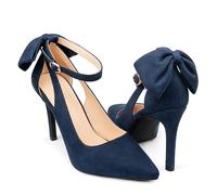 COLETER Womens Bow Knot High Heels Pointed Toe Stiletto Ankle Strap D'Orsay Pumps Bow Evening Dress Shoes, Navy Blue, 5 UK