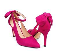 COLETER Womens Bow Knot High Heels Pointed Toe Stiletto Ankle Strap D'Orsay Pumps Bow Evening Dress Shoes, Hot Pink, 3 UK