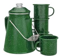 COLETTI Classic Camping Coffee Pot & Enamel Mug Set - Percolator Coffee Pot, Enamel Coffee Mug - Complete Nostalgic Bundle - German Imported Enamel Powder [12 oz, Set of 4] (Green)
