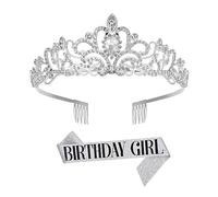Colexy Silver Birthday Set: Rhinestone Crown Tiara & Sash, Crystal Headband with Comb, Perfect for Women's Birthday Party