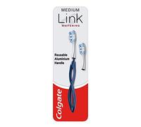 Colgate Link Manual Toothbrush Whitening Starter Kit Including 1 Premium Aluminium Handle & 2 Whitening Replacement Brush Heads Medium, Navy, Stain Removing Technology, 80% Less Plastic
