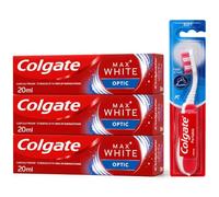Colgate Max White Optic Teeth Whitening Toothpaste 3 x 20ml with Portable Travel Toothbrush, Mini Travel Toothpaste Set, Holiday Essentials for Flights, Hotels, Gym Bags & Overnight Stays