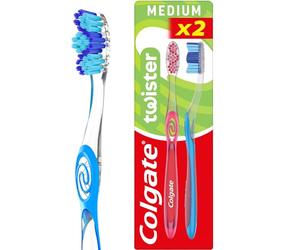 Colgate Twister Fresh Medium Manual Toothbrush 2pk, multidimensional Cleaning, removes Odour-Causing Bacteria, Cleans in Between Teeth and Along the gumline, Cleans deep for Fresher Breath.