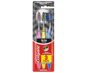 Colgate Zigzag Medium Bristles Manual Toothbrush Pack of 3, Multi Angle Cross Bristles with Flexible Neck for Gum Comfort and Tongue Cleaner