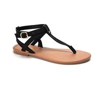 Colgo Thong Flat Sandals, Casual Women T-Strap Dress Sandals with Adjustable Ankle Buckle for Summer Wedding, Black/Sdl, 5 UK