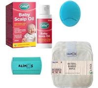 Colief Baby Scalp Oil Bundled with Alimos Cradle Cap Silicone Brush & Fine Tooth Comb - Moisturises & Nourishes Dry Skin - With 6 pack Bamboo Baby Wipes 15x15 - 3 Months & Upward (30ml)