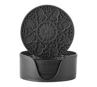 Colinda Silicone Coasters - Set of 6 with Holder, Non-Slip Cup Mats for Hot and Cold Drinks, Decorative Designs, Gift Ready Packaging,Black