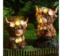 Colingmill 2 Pack Highland Cow Solar Lights Highland Cow Resin Garden Highland Cow Statue Solar Outdoor Decor with Flower Decoration for Patio, Yard and Gift for Mom, Highland Cow Lovers