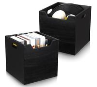 Colingmill 2 Pack Storage Box with Open Front and Handles 11 x 11 x 11 Inch Stackable Wood Storage Cube Boxes Containers Organizing Bins for Shelves, Vinyl Record, Toy, Clothes, Books, Office, Black