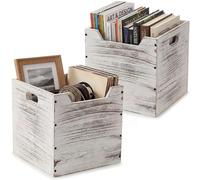 Colingmill 2 Pack Wooden Storage Box Bins Wood Crate with Open Front Vinyl Record Cube Box Stackable Storage Bins for Books Home Pantry Clothes Toy Closet (11 Inch,White)
