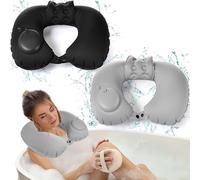 Colingmill 2 Pcs Inflatable Bath Pillows for Tub, U-Shaped Neck & Head Support Cushion, Portable Blow Up Travel Neck Pillow with Adjustable Button for Airplanes & Home Spa(Grey, Black)