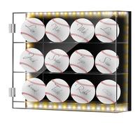 Colingmill 3 Tiers Baseball Display Case for 12 Balls Acrylic Shadow Box with LED Light Wall Mount Memorabilia Balls Display Collector Case Holder for Baseball Tennis