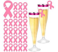 Colingmill 36 Pcs Pink Ribbon Drink Tags Breast Cancer Awareness Drink Markers Acrylic Tags Cocktails Wine Glass Cup Topper For Breast Cancer Awareness Party Supplies