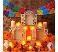 Colingmill 49pcs Dia De Los Muertos Decorations Set Muertos Ofrenda Altar Wooden Shadow Box Day of the Dead Banners Marigold Heads Papel Picado Butterfly Hanging for Remembrance Picture Frame Supplies
