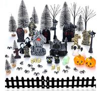 Colingmill 56 Pcs Halloween Village Accessories Set Halloween Haunted House Village Set Miniature Tombstones Tree Fake Spiders Fence Streetlamp Halloween Figurines for Home Table Party Decor