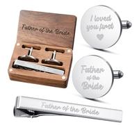 Colingmill Father of the Bride Gift Dad of the Bridegroom Cufflinks Tie Clip Set with Engraved Wood Gift Box for Dad, Stainless Steel Wood, No Gemstone