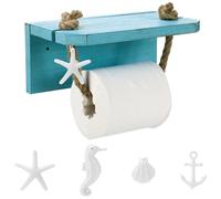 Colingmill Nautical Rope Toilet Paper Holder with 4 Ocean Themed Accessories, Wall Mounted Beach Coastal Rope Towel Holder, Unique Tissue Roll Holders with Wood Shelf, Farmhouse Rustic Bathroom Decor