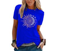 Colisha Women T-Shirt Sunflower Print Pattern Short Sleeve Round Neck Basic Tee Shirts Ladies Casual Summer Top 3XL Sun Moon Blue