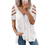 Colisha Womens Cold Shoulder Blouse Tops Ladies Short Sleeve Loose Zip V Neck T Shirts Casual Print Tunic Hollow Out Shoulder Tee Shirt S Heart White