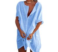 Colisha Womens Oversized Short Sleeve Linen Tops Casual V-Neck Button-Down Blouse Long Shirts Loose Plus Size Tunic Beach Cover Ups M Blue