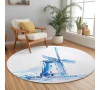 Collage Round Area Rugs 160 cm Watercolor Windmill Painting Soft Fluffy Carpet Mat, White Circle Area Rug Non Slip Washable Doormat Bedside Carpet for Living Room Bedroom Kitchen Floor Mat