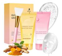 Collagen Night Wrapping Mask & Turmeric Overnight Mask with Brush Set, Peel Off Face Masks for Glowing Skin, Reducing Sagging & Dullness, Deep Moisturizing Collagen Over Night Mask Set for Dry Skin