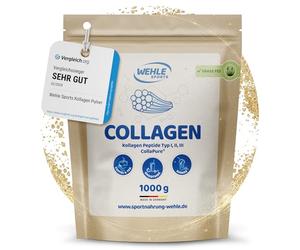 Collagen powder / collagen hydrolysate protein powder for daily use in smoothies, shakes, sauces, drinks, Wehle Sports, made in Germany, helpful for the connective tissue collagen type 1 2 3 1000g