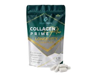 Collagen Prime+ Longevity | 120 Capsules | Multi-Type Collagen Peptides I, II, III, V & X with Hyaluronic Acid, Vitamin C, Zinc, Astaxanthin | Skin, Joint & Structure Support | Halal | by NutriVolv