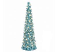 Collapsible Artificial Christmas Tree, 5ft/ 1.5m Pop up Christmas Tinsel Tree with 100LED Lights, Large Sequins Artificial Tree for Xmas Holiday Party Carnival Decorations (Long Blue)
