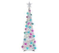 Collapsible Artificial Christmas Tree, 5ft/1.5m Xmas Tinsel Tree with Lights and 30 Color Balls, Pop up Sequins Artificial Tree for Xmas Holiday Party Carnival Decorations (Silver with Balls)