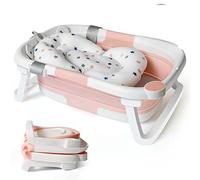 Collapsible Baby Bath Foldable Tub Bathtub Newborn with Seat Support Cushion & Stand Folding Baths for Toddler 0-6 Months Foam Pillow Travel Portable Infant Tubs Soft Bathing Insert Pad Kids Pink