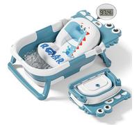 Collapsible Baby Bathtub for Newborn, Foldable Baby Bath Tub with Thermometer & Soft Floating Cushion & Drain Hole, Portable Travel Infant Bath Tubs for Newborns to Toddler 0-36 Months Girl, Blue