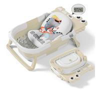 Collapsible Baby Bathtub for Newborn, Foldable Baby Bath Tub with Thermometer & Soft Floating Cushion & Drain Hole, Portable Travel Infant Bath Tubs for Newborns to Toddlers 0-36 Months Boys, Beige