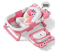 Collapsible Baby Bathtub for Newborn, Foldable Baby Bath Tub with Thermometer & Soft Floating Cushion & Drain Hole, Portable Travel Infant Bath Tubs for Newborns to Toddler 0-36 Months Girl, Pink